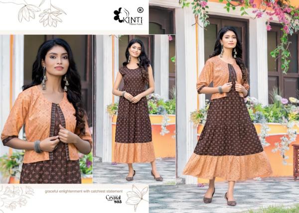 Kinti Crystal Vol 8 Designer Rayon Long Kurti With Jacket Collection